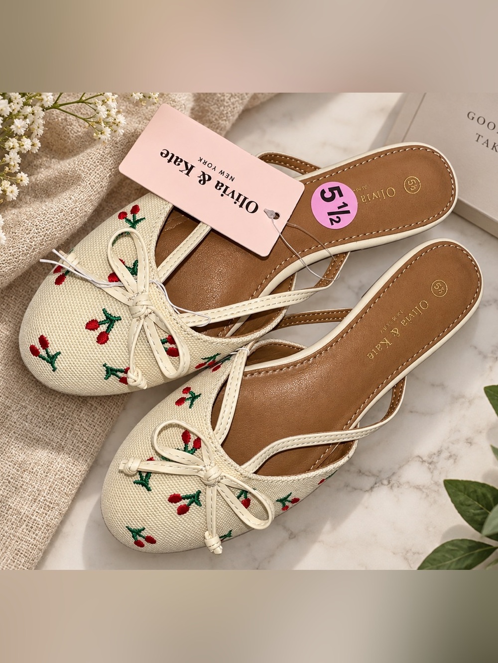 Olivia & Kate Cream Cherry-Embroidered Slingback Flats